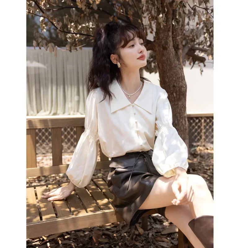 MISHOW Vintage French Lantern Sleeve Blouse Turndown Collar MXB32C0508