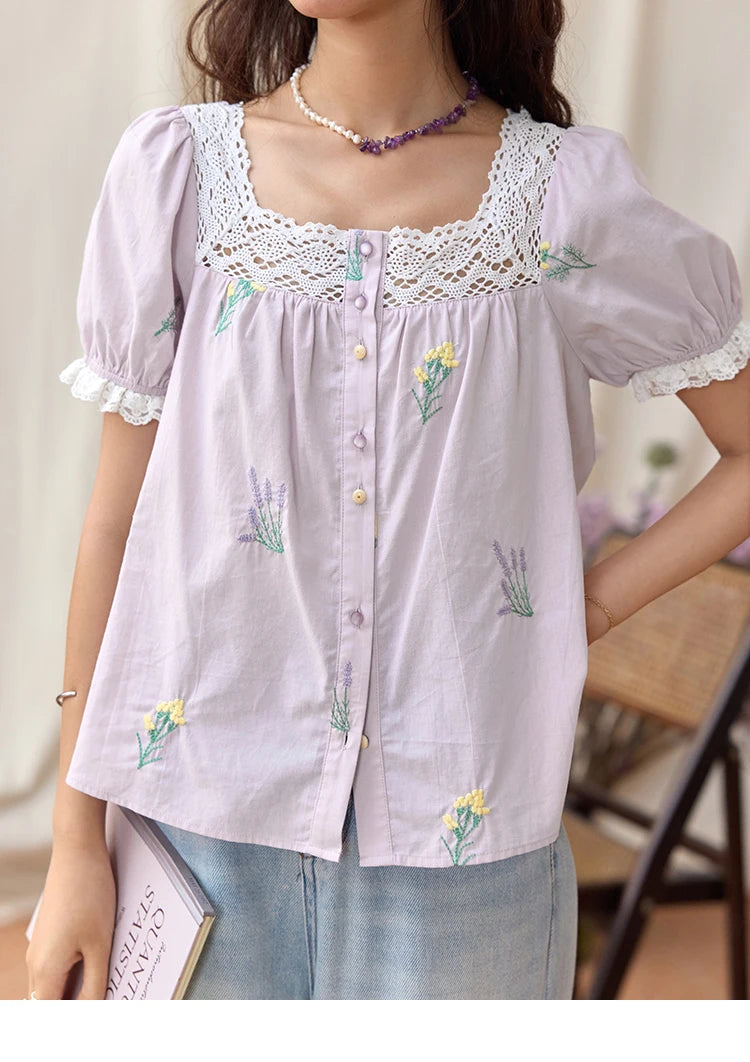 MISHOW Lace Patchwork Square Collar Blouse Puff Sleeve MXE36X1830
