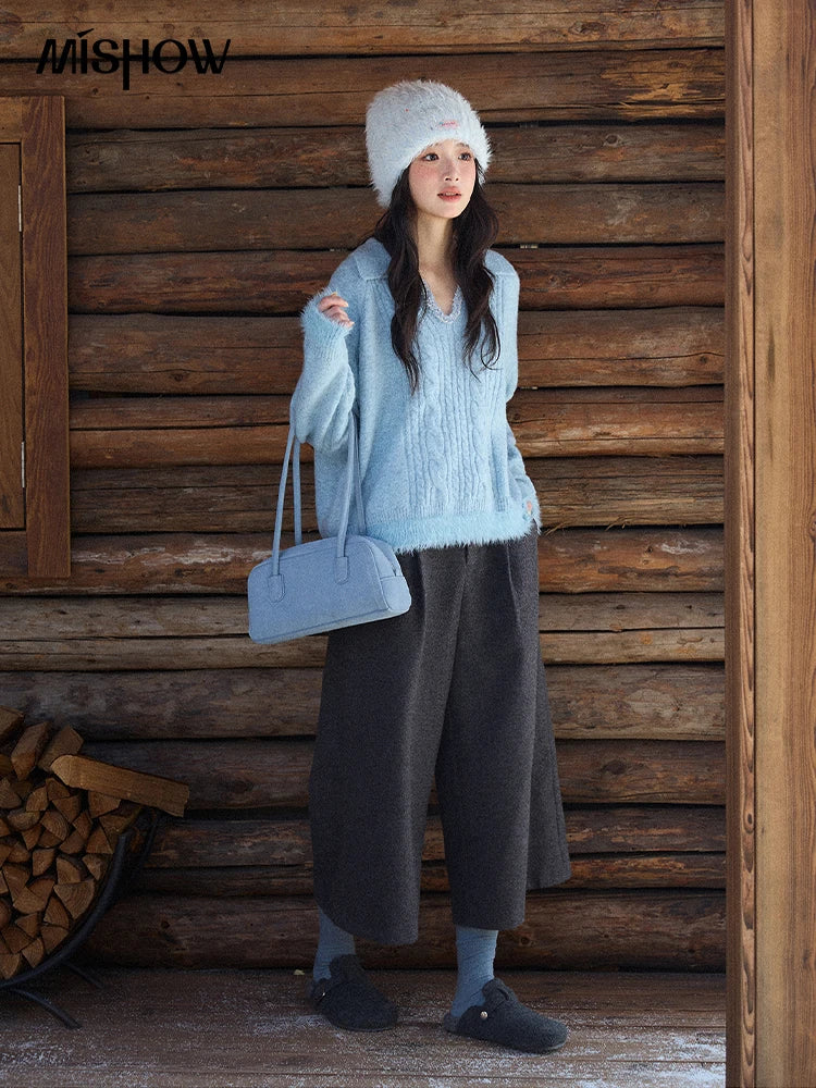 MISHOW Gray Wool Wide-Leg Pants High-Waisted Cropped MXE90K1128