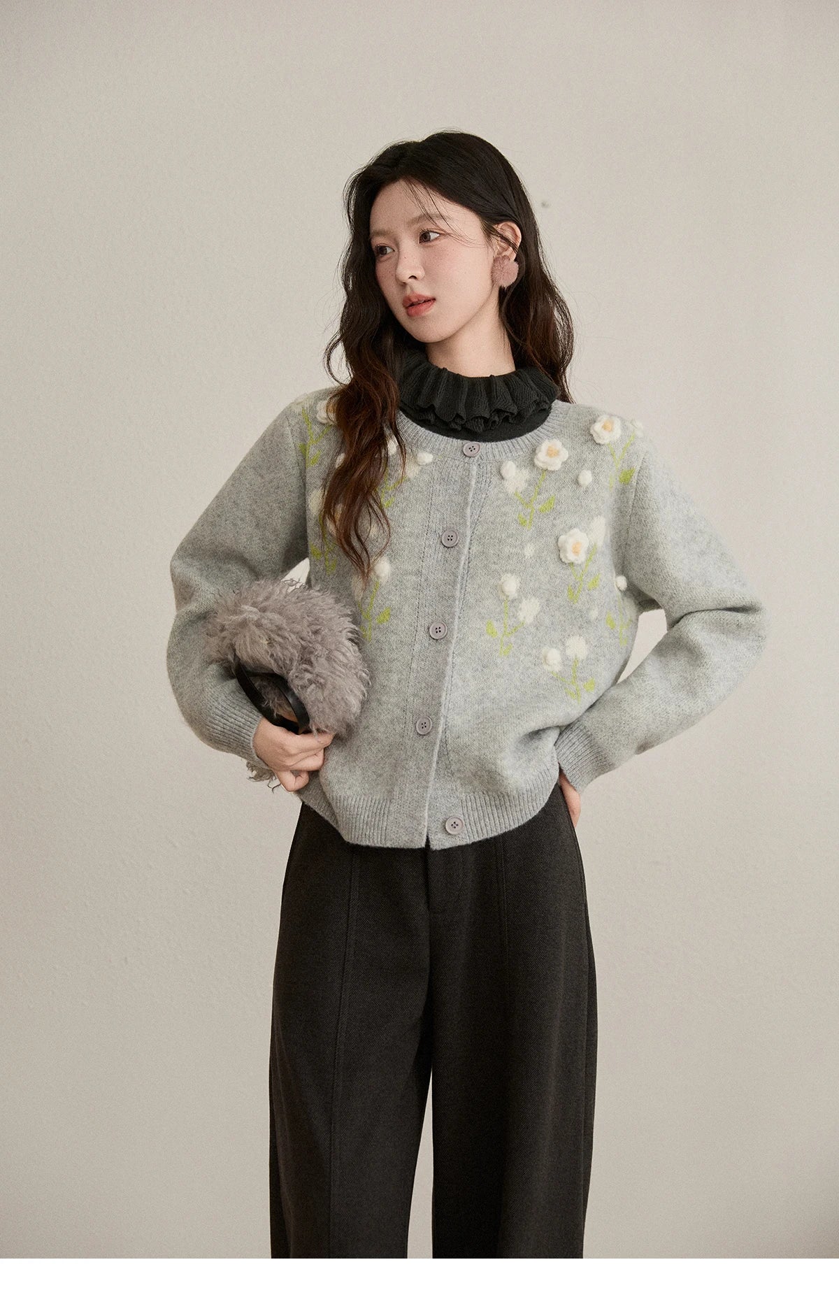 Mishow Gray Flower Embroidery Round Collar Cardigan MXE91Z2836