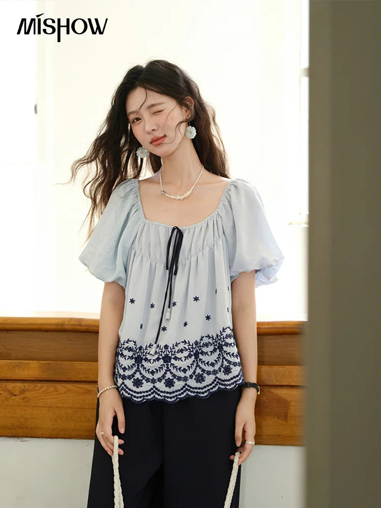 MISHOW Blue Print Blouse Square Neck Lace Up Puff Sleeve MXE36X1799