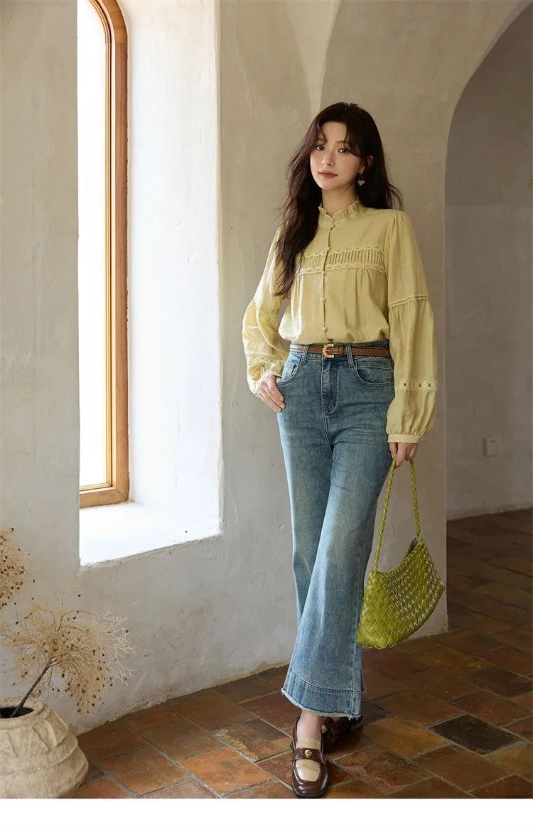 MISHOW Women's Light Yellow Linen Shirt Stand Collar Lace Sleeves MXE42X1976