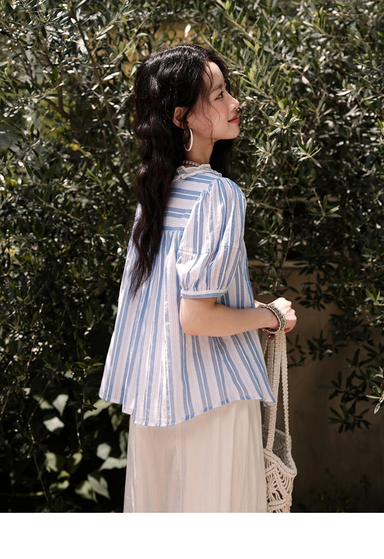 MISHOW Cotton Striped Blouse Lantern Sleeve Lace V-Neck MXE36X1845