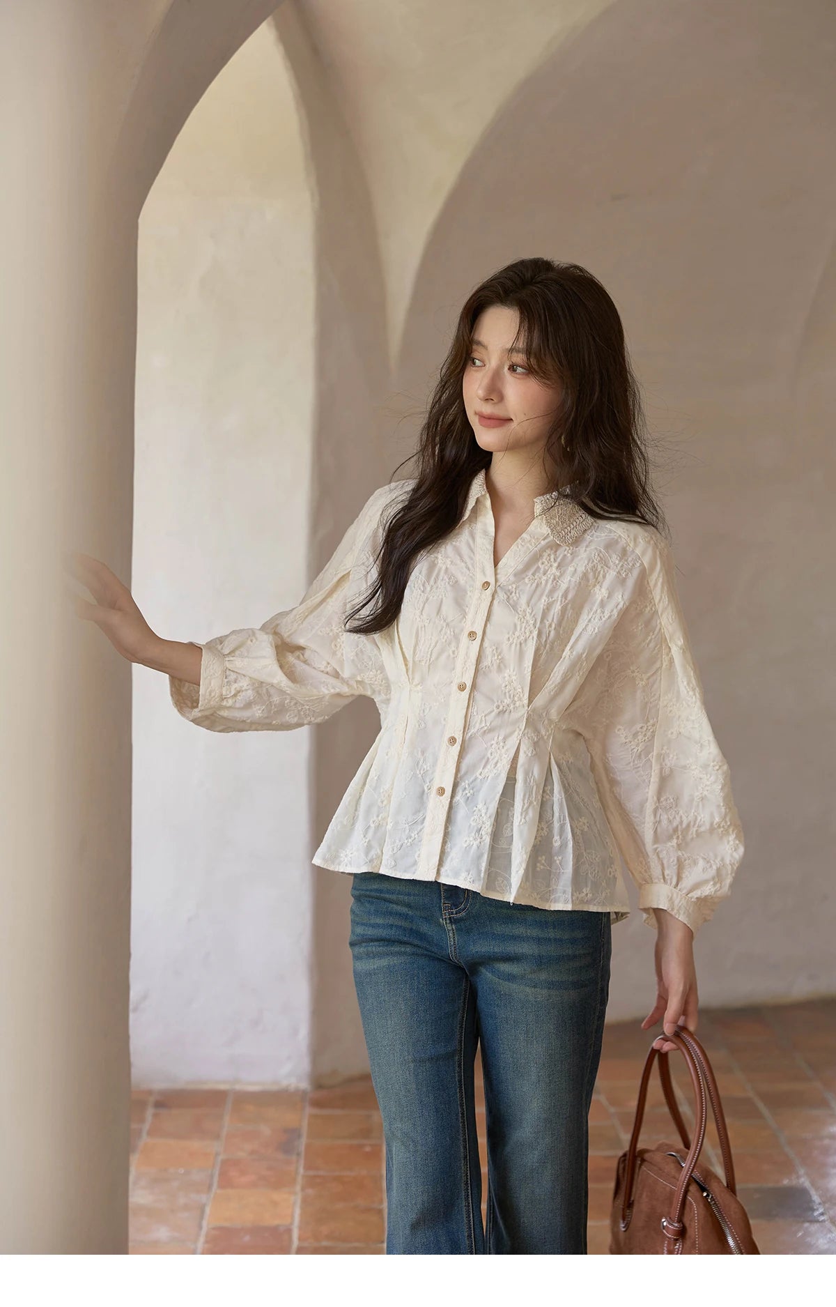 MISHOW French Lace Blouse Lantern Sleeve Ruffle Hem MXE42C2372