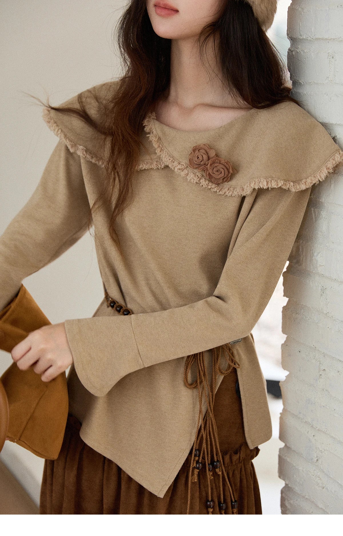 Mishow Retro Brown 3D Flower Decoration Round Neck Top MXE51Z2593