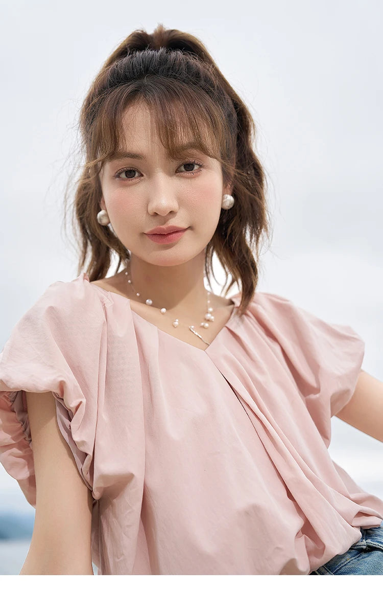 MISHOW French Rear Collar Tie Blouse V-Neck Puff Sleeve MXC38X1275