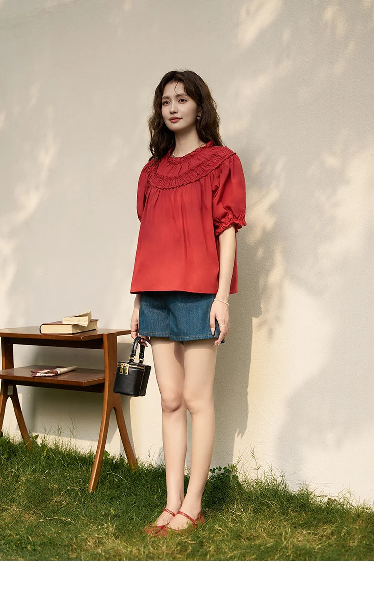 MISHOW French Cotton Bubble Sleeve Blouse Lace Collar MXD23X1500