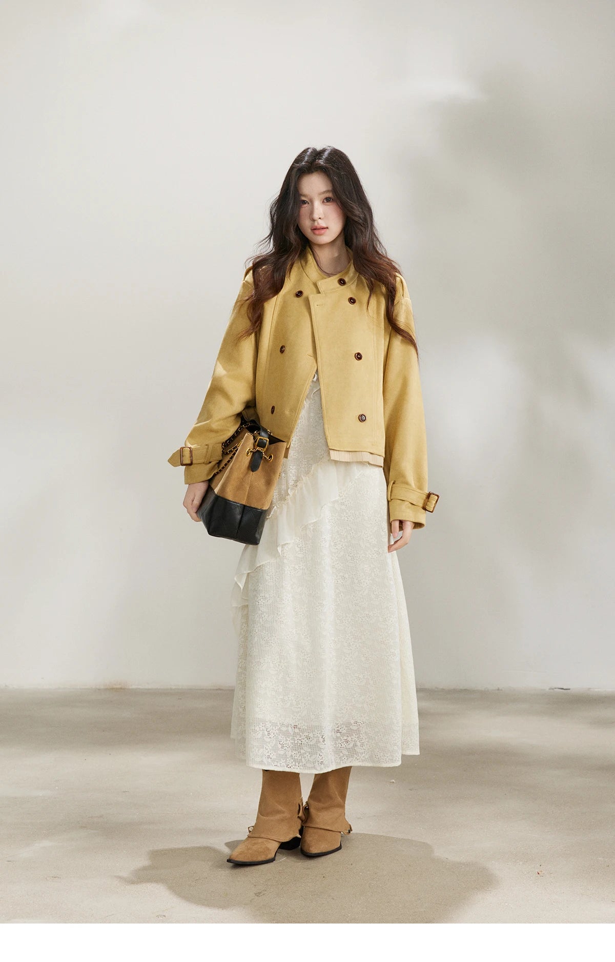 Mishow Yellow Double-Breasted Stand Collar Trench MXF11W1026