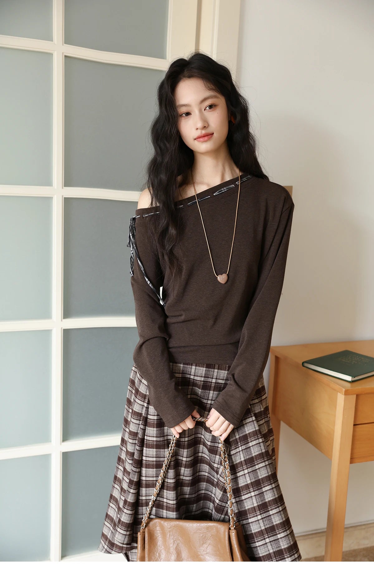Mishow Slant Shoulder Dark Brown Strap Knit Top MXE45T1402