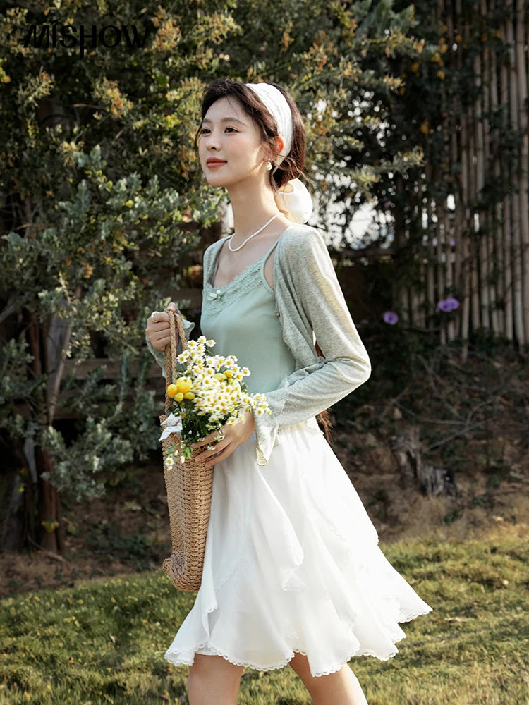 Mishow Light Green Lace Bow Camisole & Cardigan Set MXE15T0504