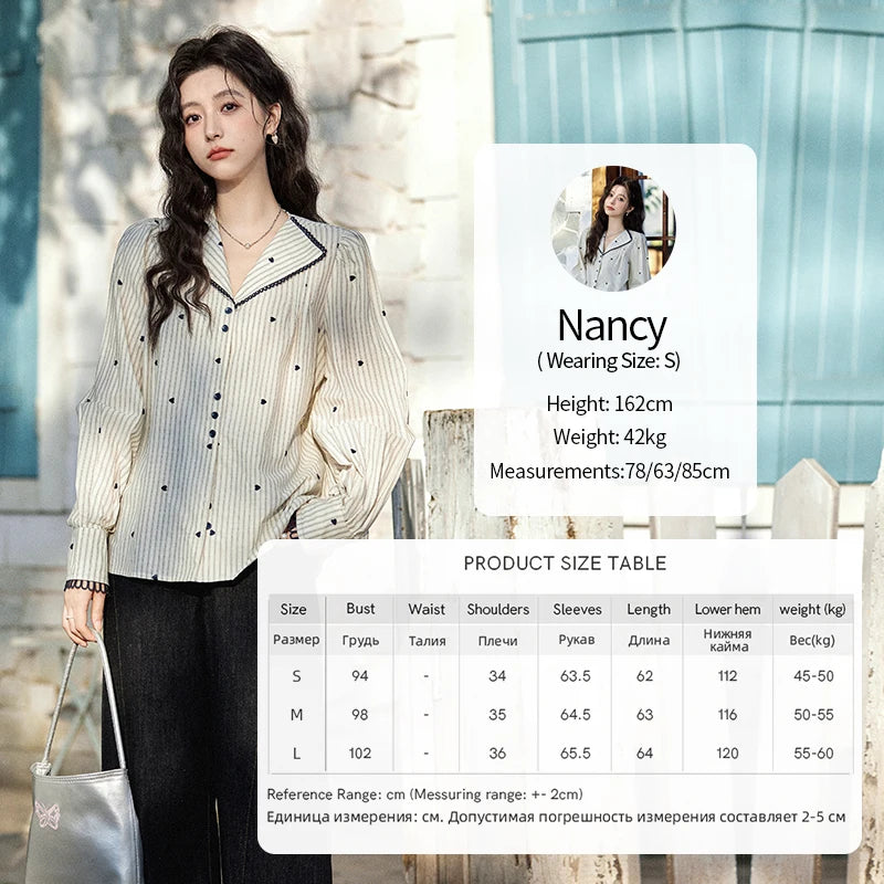 MISHOW Striped Bubble Sleeve Shirt Love Embroidered MXE12C0390