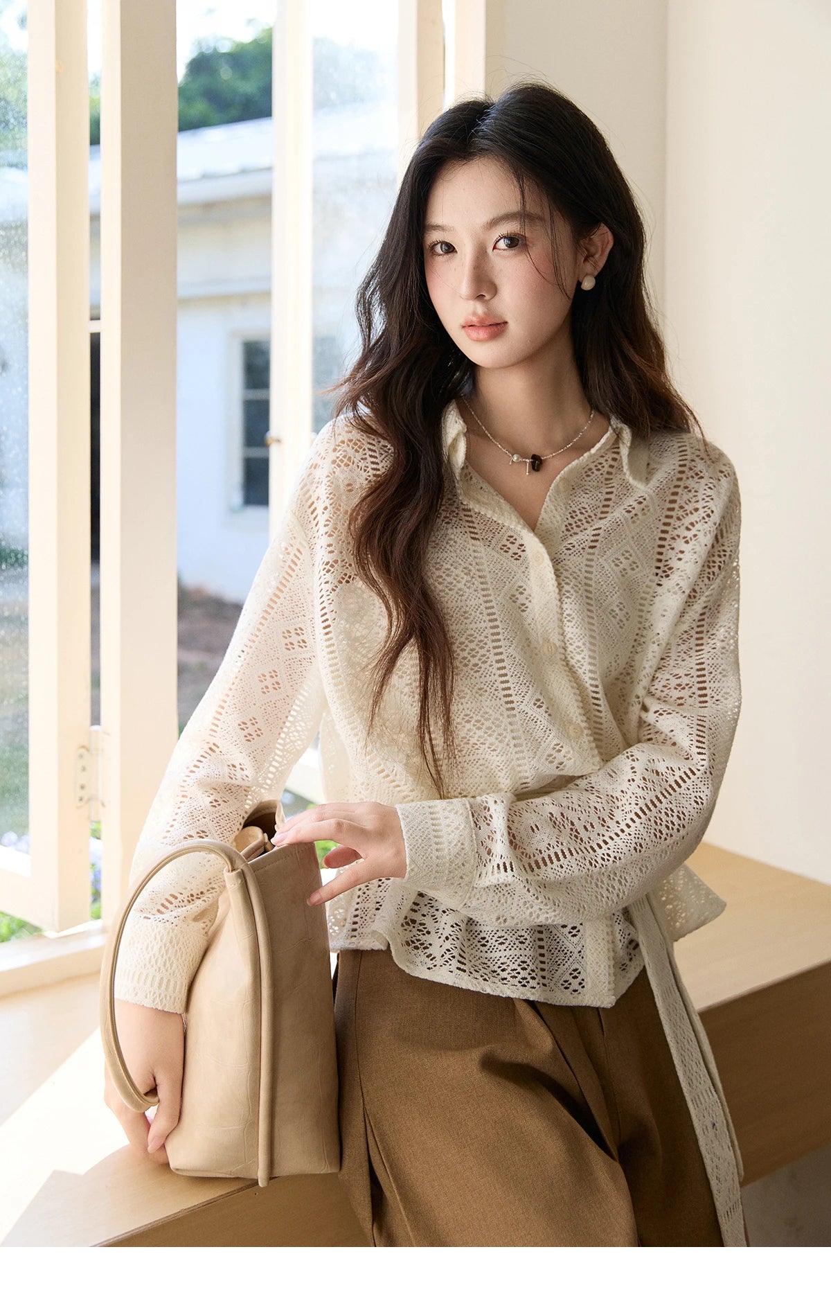MISHOW Hollow Lace Shirt Camisole Set Drawstring Waist MXF108C0816