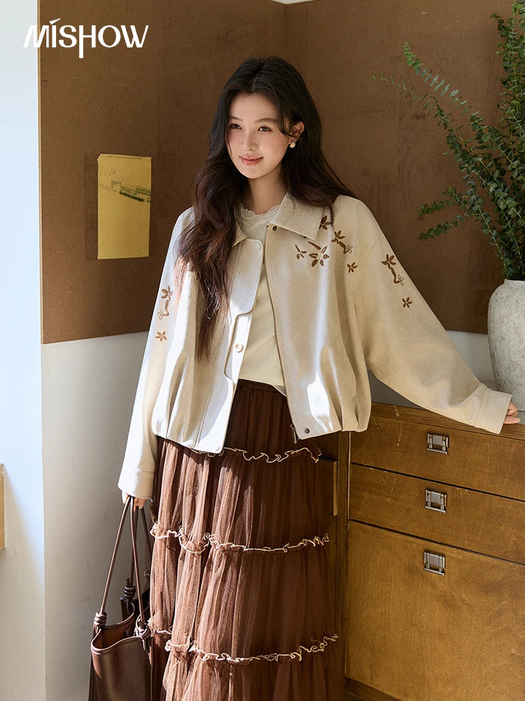 MISHOW Imitation Suede Jacket Floral Embroidery Lapel Zipper MXF11W1027