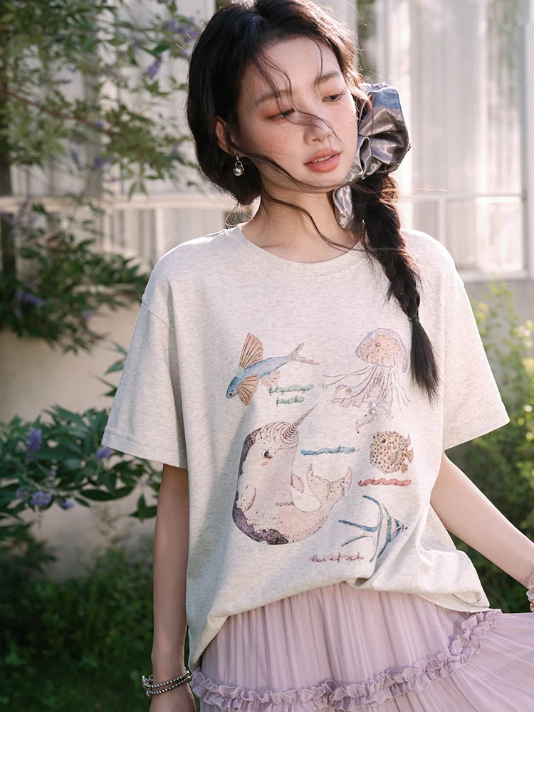 Mishow Cartoon Print Loose Cotton Tee MXE36T0575
