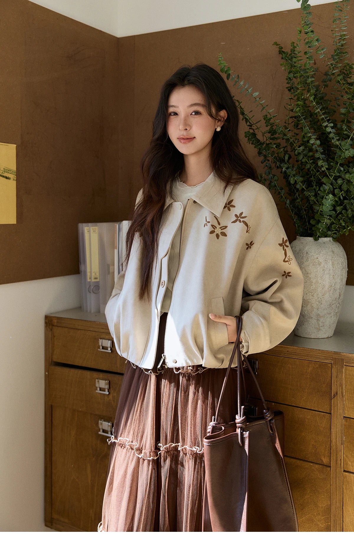 MISHOW Imitation Suede Jacket Floral Embroidery Lapel Zipper MXF11W1027