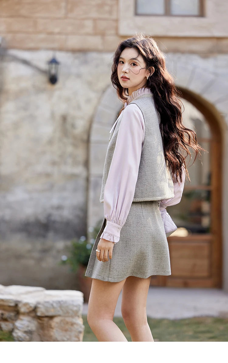 Mishow Korean Woolen Vest & Pleated Mini Skirt Set MXE13W0708