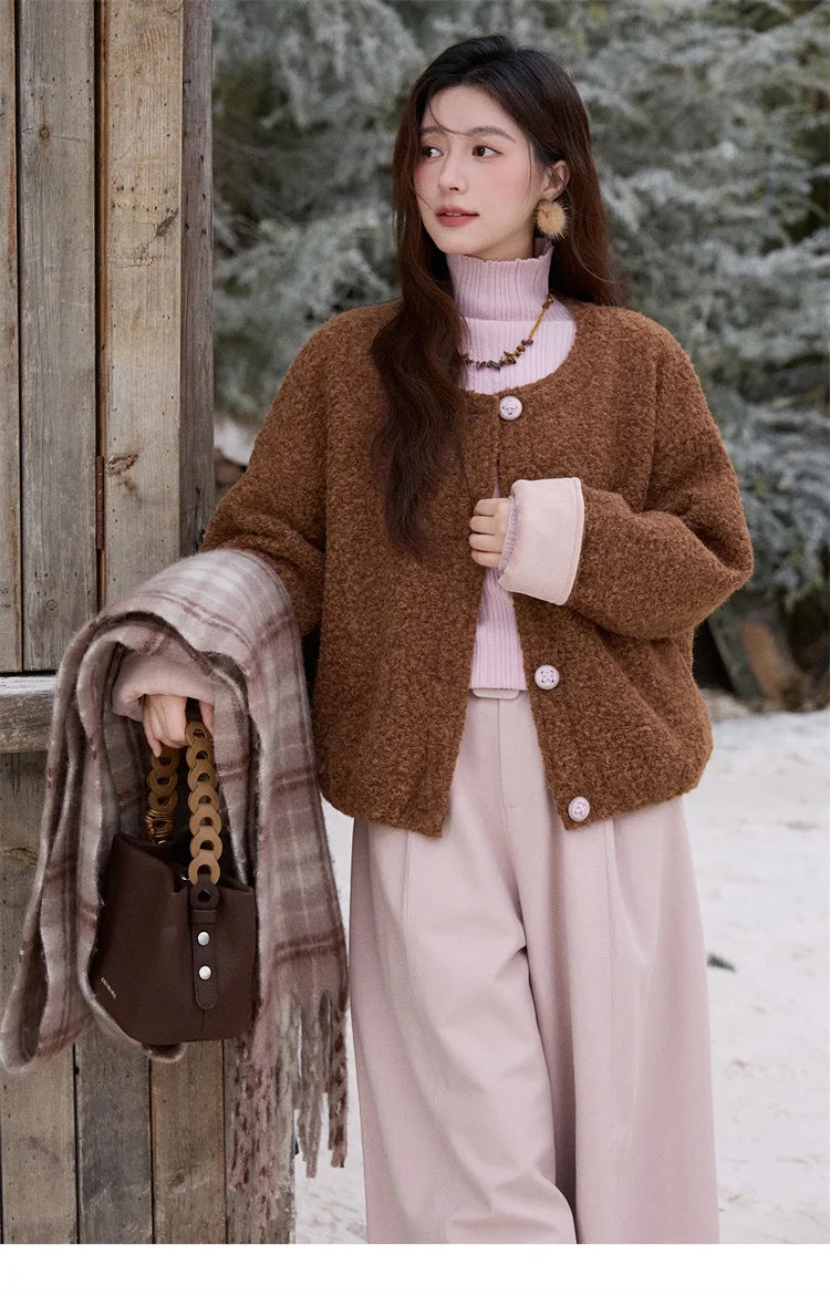 MISHOW Brown Wool Quilted Coat Round Neck Short Loose MXE87W0935