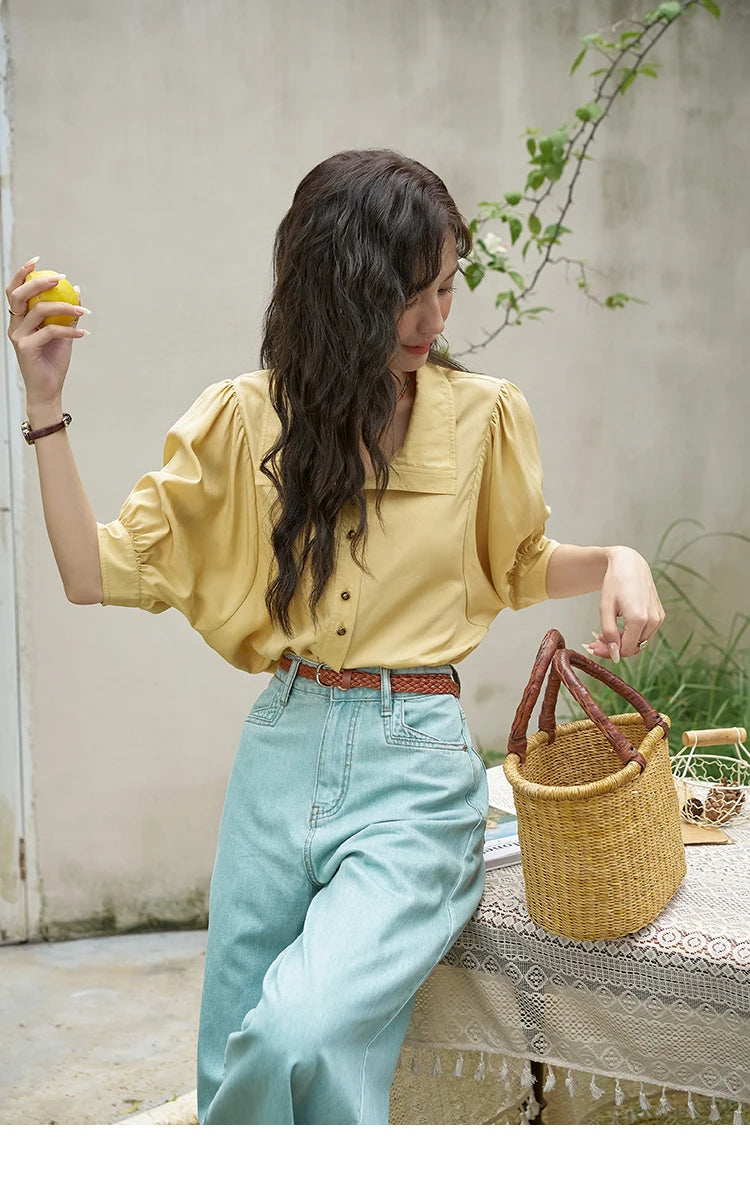 MISHOW Short Sleeve Blouse Lapel Simple Loose Fit MXD28C0247
