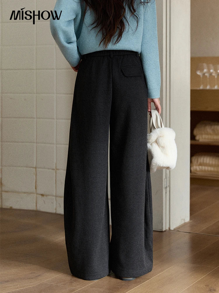 MISHOW Gray Woolen Wide-Leg Pants High Waist Draped Elastic MXE93K1143