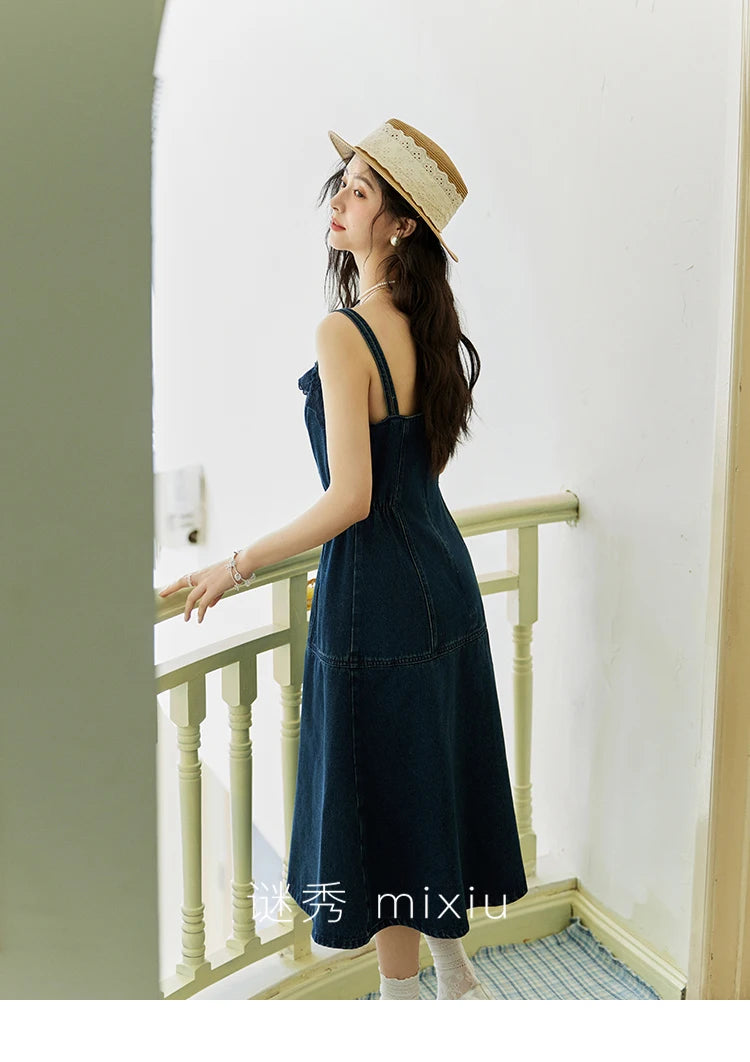 Mishow Denim Camisole Hollowed Out Lace Edge Dress MXE13L2094