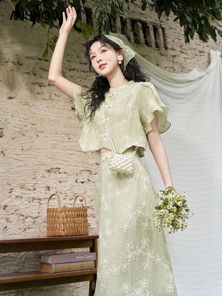 Mishow Chinese Green Stand Collar Top & Selvedge Skirt Set MXD22X1388