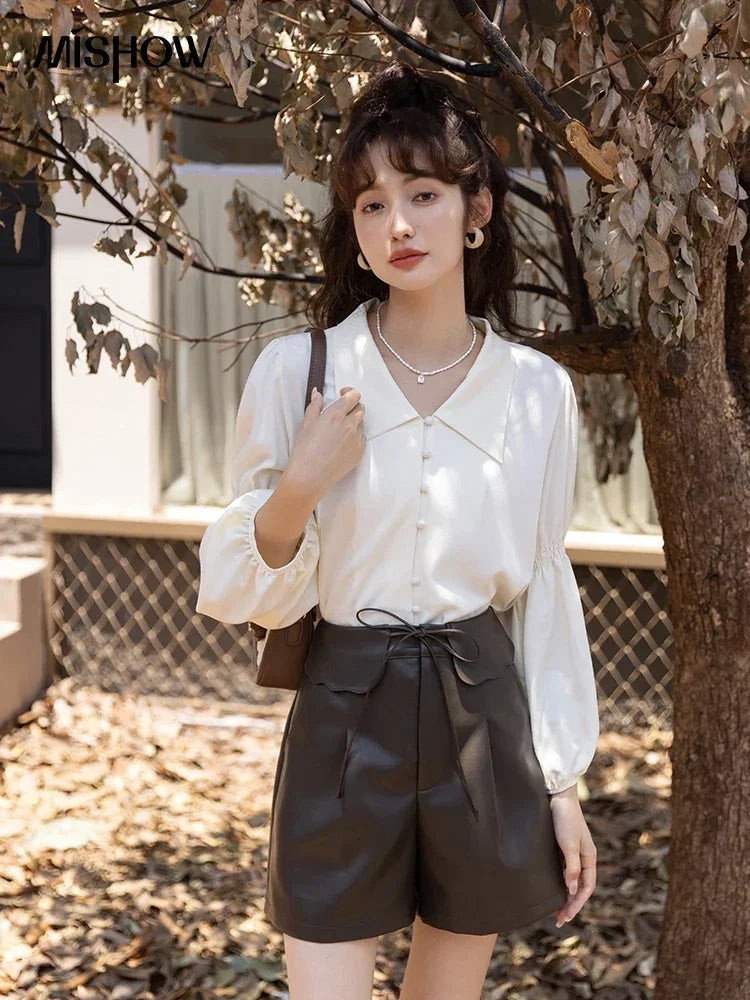 MISHOW Vintage French Lantern Sleeve Blouse Turndown Collar MXB32C0508