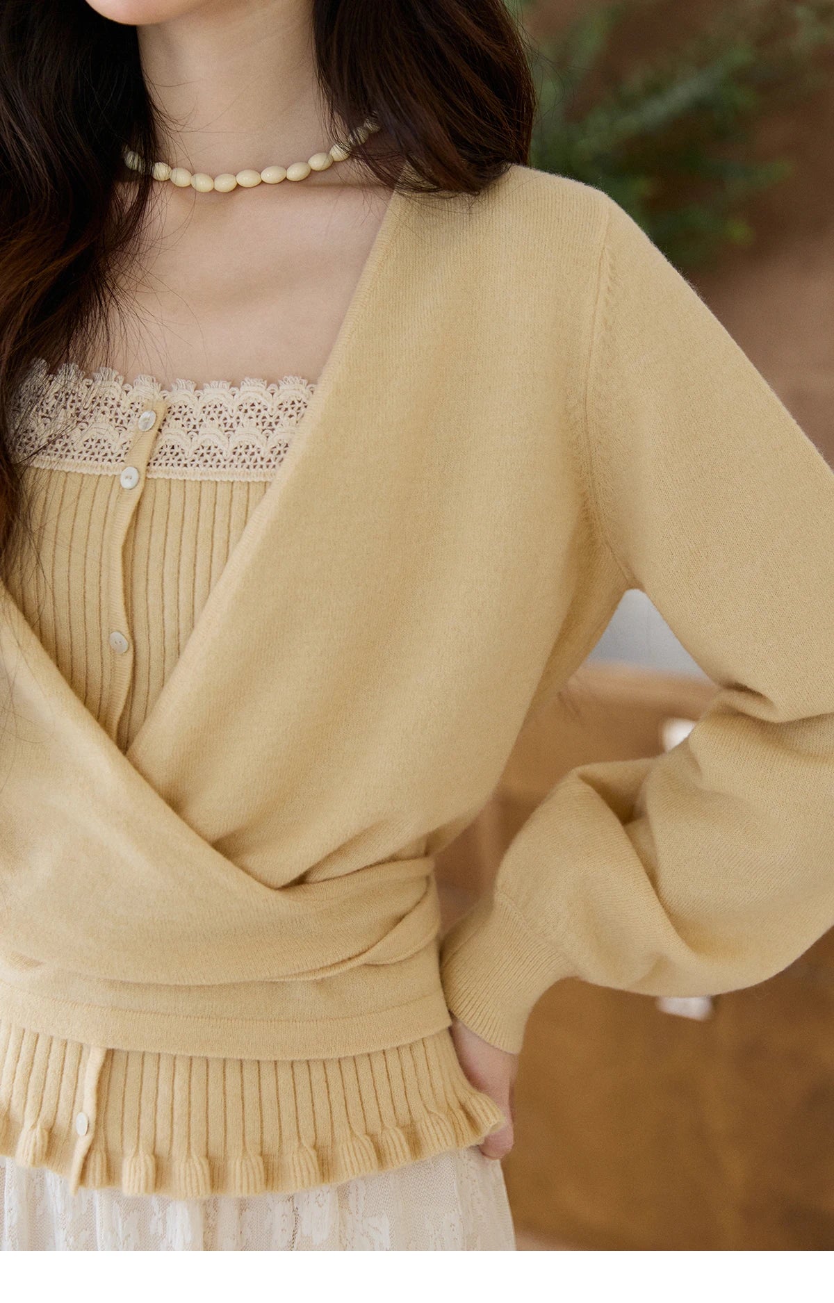 Mishow Yellow Ruffled Camisole & Lace Cardigan Set MXF11T1472