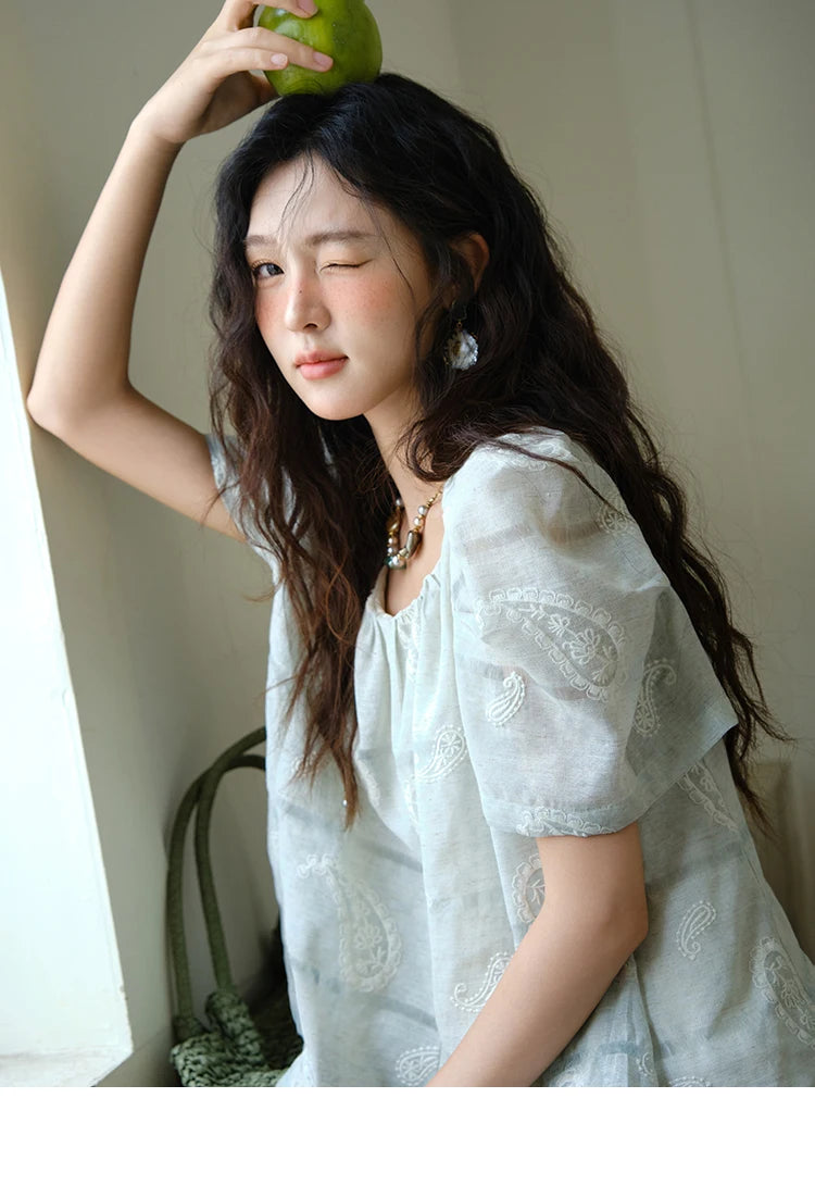 MISHOW O-Neck Print Blouse Embroidery Puff Sleeve Loose MXE34X1807