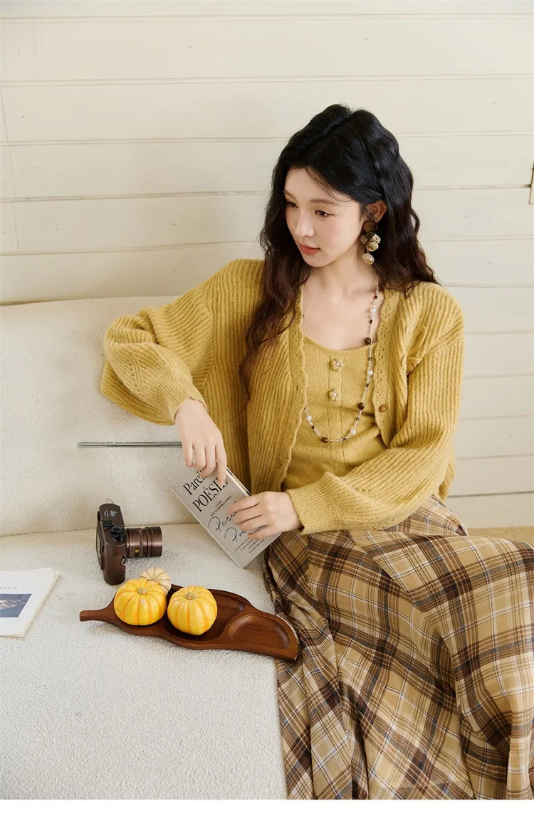 Mishow Yellow V-Neck Cardigan & Slim Camisole Set MXE45T0742