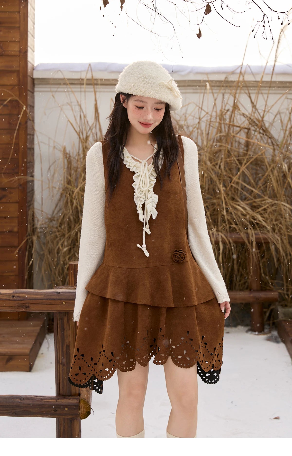 Mishow Brown Retro Suede Hollow Out Vest Dress MXE51L2524