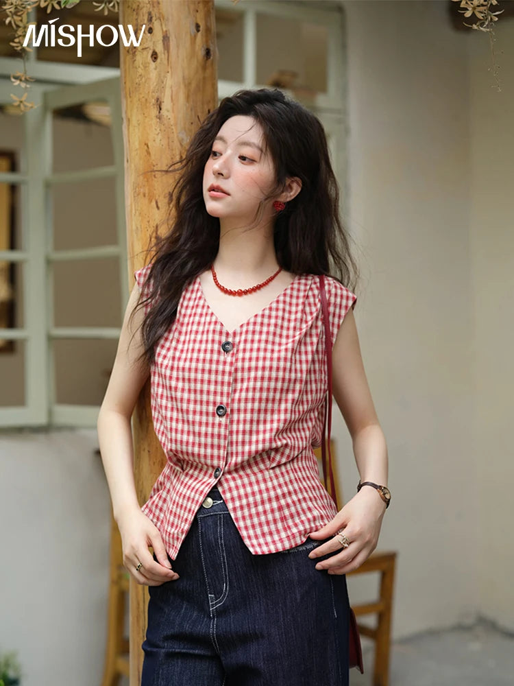 MISHOW Red Plaid V-Neck Shirt Button Front MXE37X1921