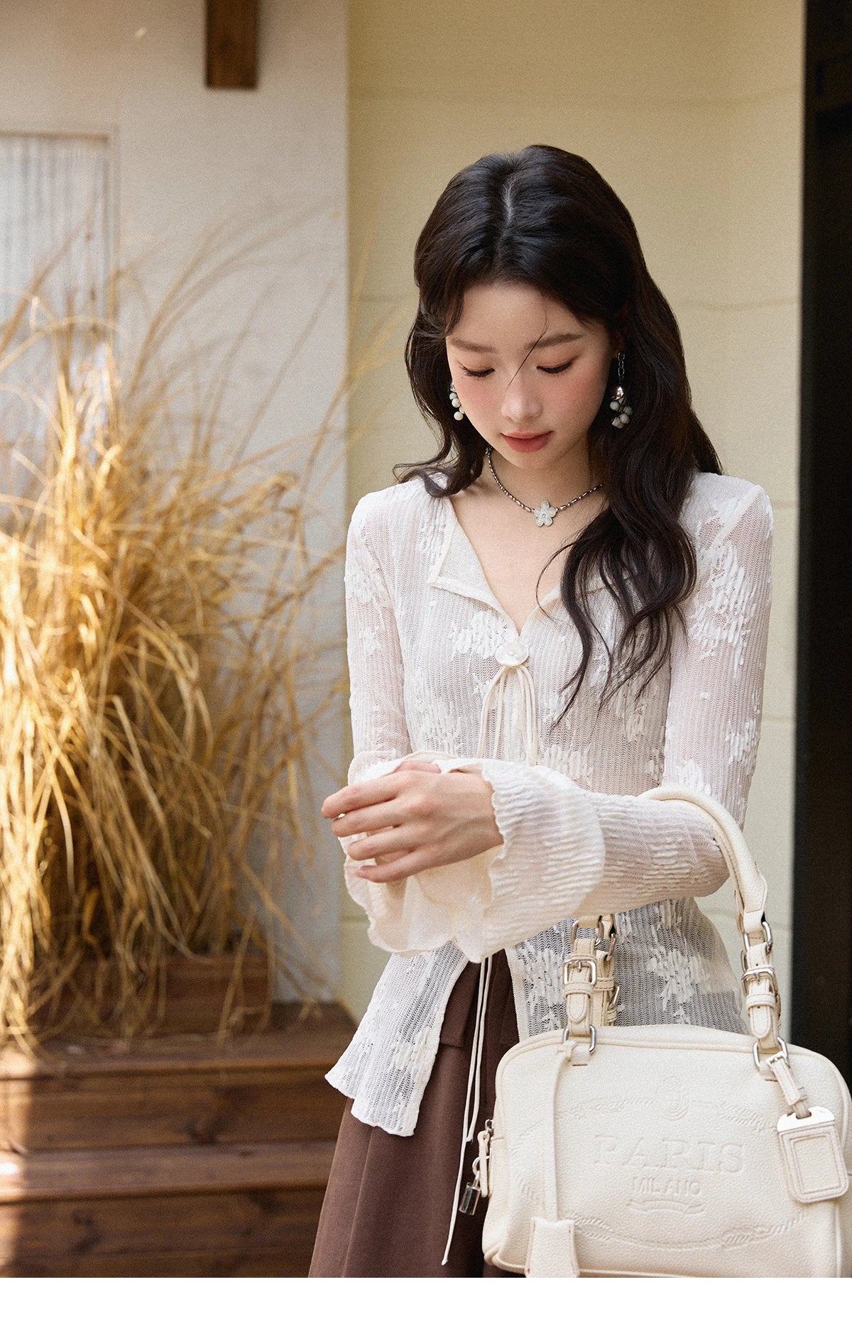 MISHOW White Lace Shirt Flared Sleeves V-Neck MXE49X2511