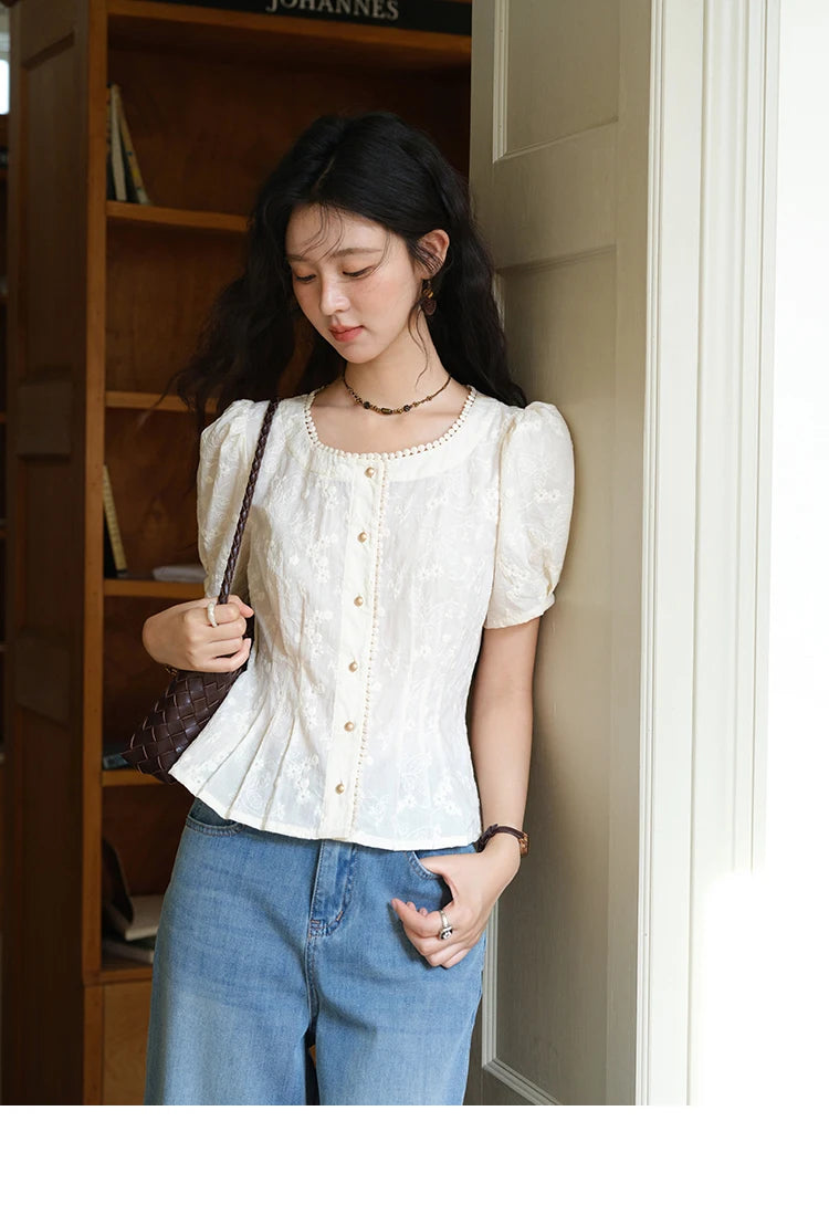 MISHOW Embroidery Cotton Shirt Puff Sleeve Button MXE39X1979