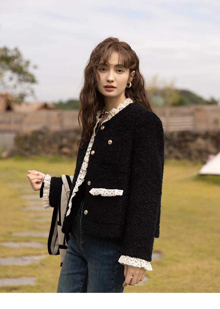 MISHOW Wool Coat Lace Splicing Lamb Wool Button Pockets MXB43W0720