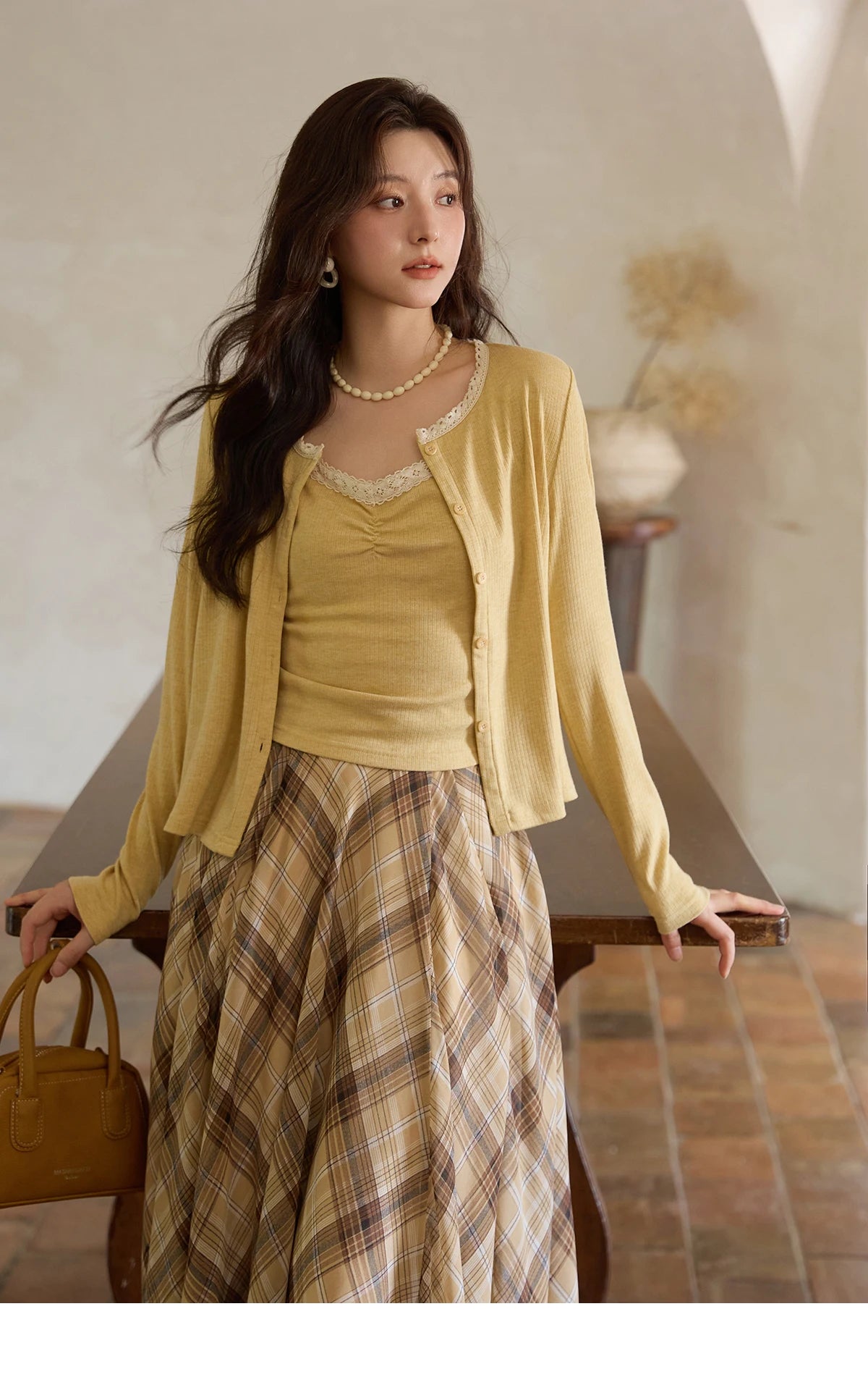MISHOW Coffee Plaid Skirt Asymmetrical Hem Side Zipper A-Line MXE42B2377