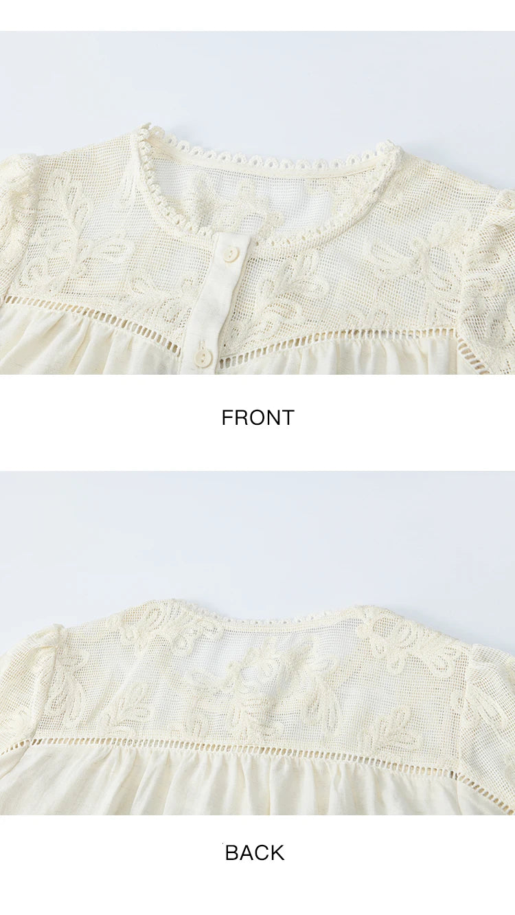 MISHOW Beige Hollow Out Embroidery Shirt O-Neck MXE44X2498