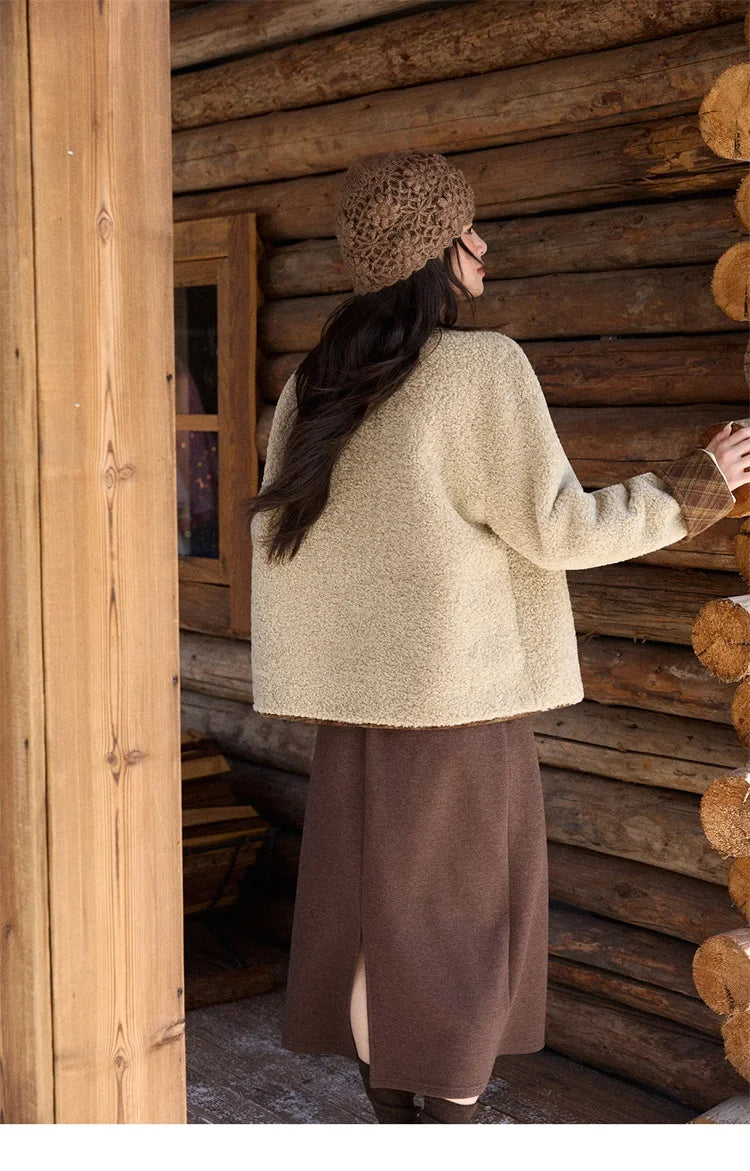 Mishow Plaid Patchwork Lamb Wool Round Neck Coat MXE90W0923