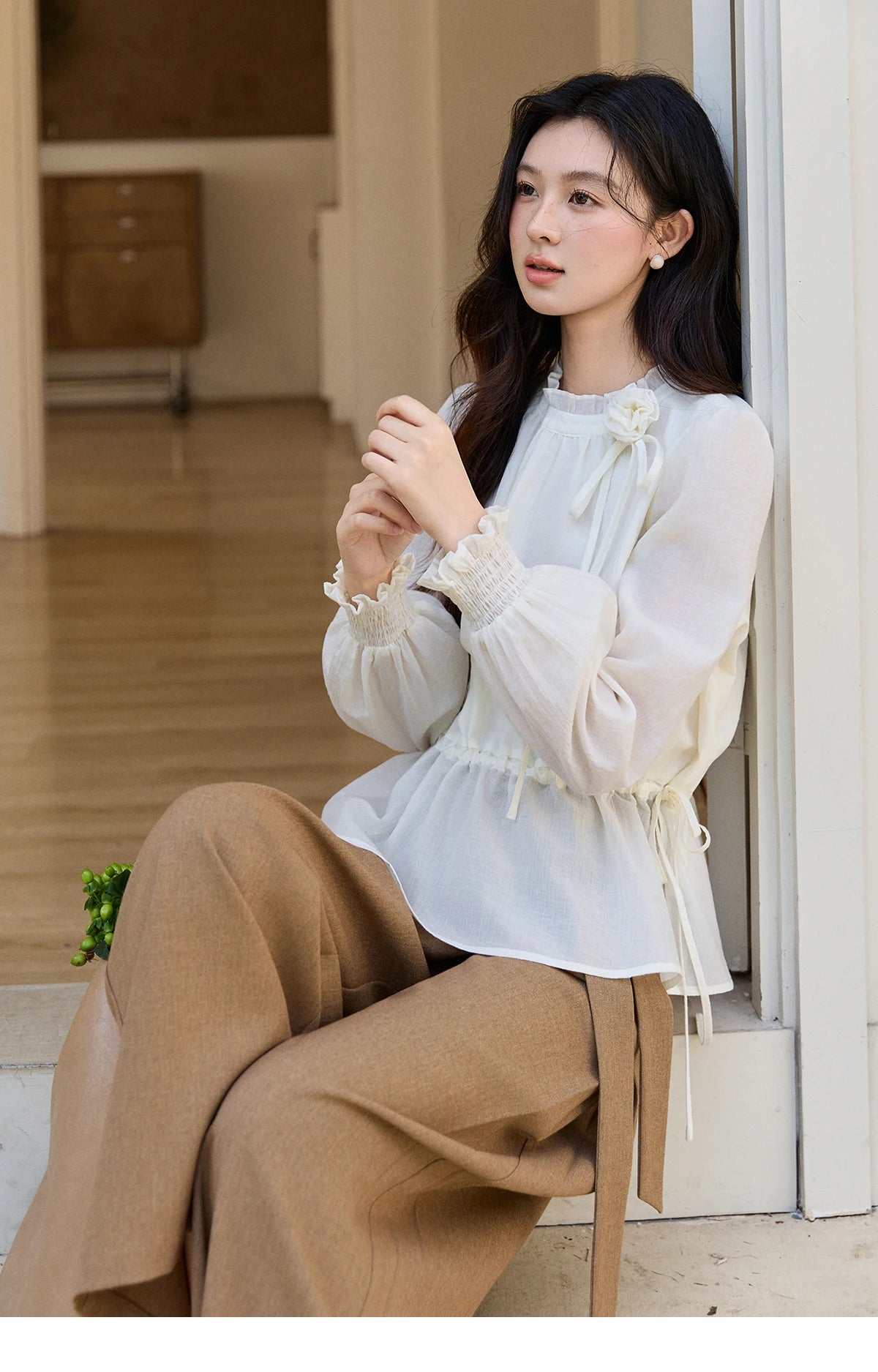 MISHOW Ruffled Stand Collar Blouse Drawstring Waist Puff Sleeve MXF11C2428