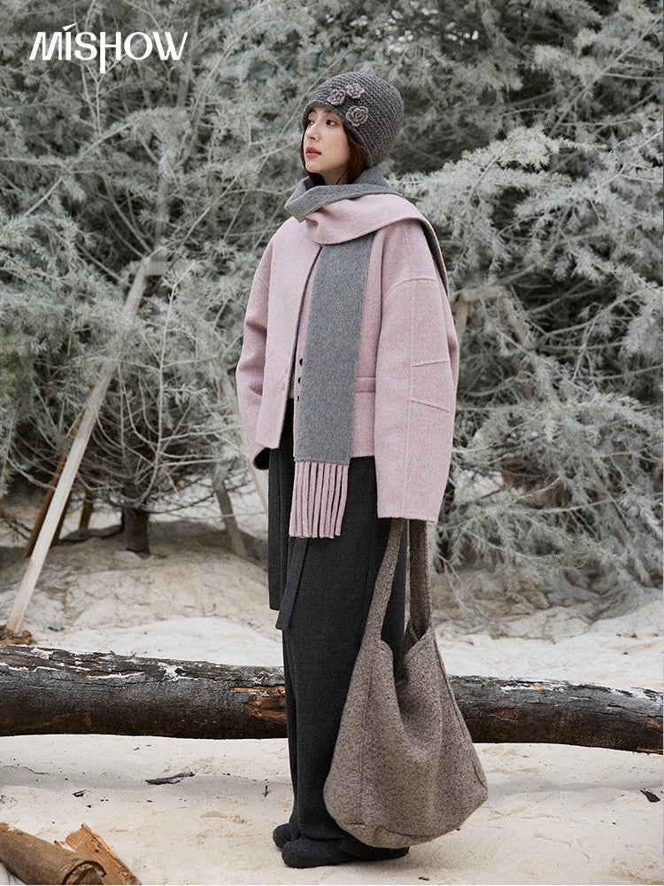 Mishow Tweed Wool Double-Faced Short Coat with Scarf MXE86W0977