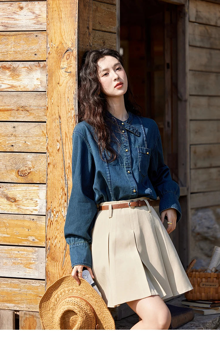 MISHOW 100% Cotton Denim Shirt O-Neck Loose Fit MXE12C0384