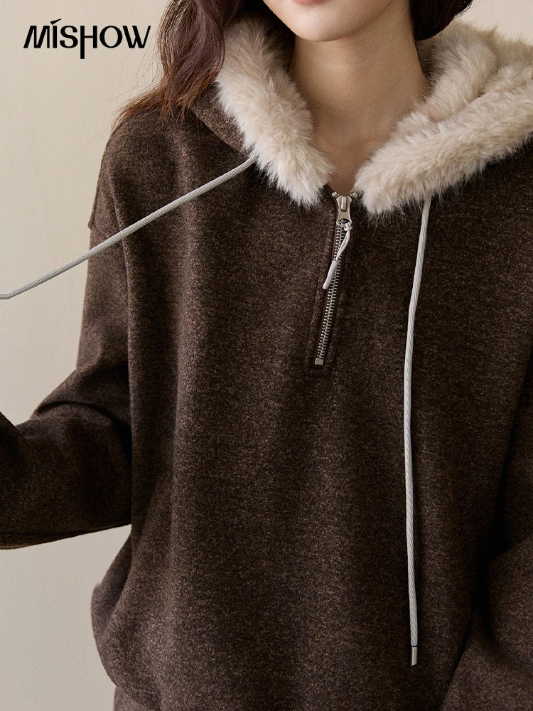 Mishow Brown Faux Fur Hood Sweatshirt & Wide Leg Pants Set MXE94T1476