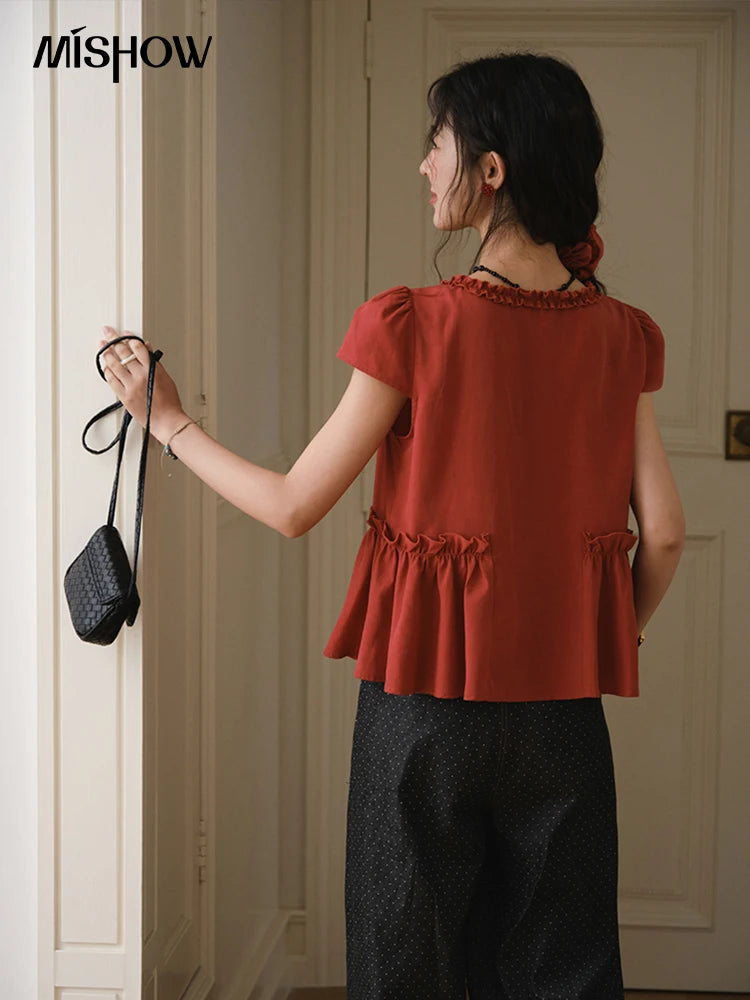 MISHOW Mushroom Edge V-Neck Blouse Button Short Sleeve MXE38X1867