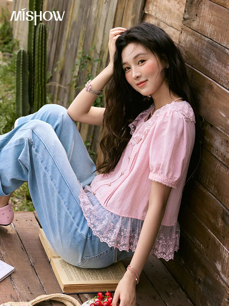 MISHOW Pink Spliced Lace Round Neck Blouse Metal Buttons MXE32X1768