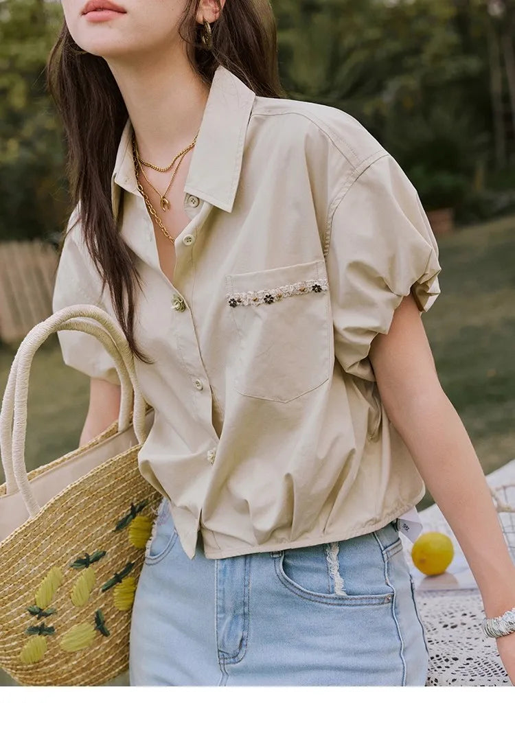 MISHOW Short Puff Sleeve Blouse Turn Down Collar Shell Ribbon MXE33C0773