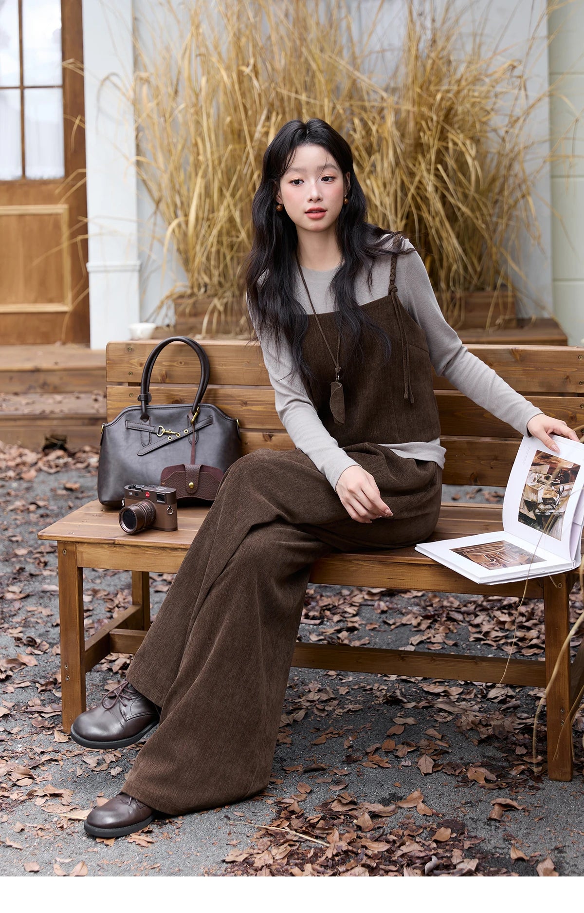 Mishow Brown Vest & Gray Top & Wide Leg Pants 3-Piece Set MXE49T1422