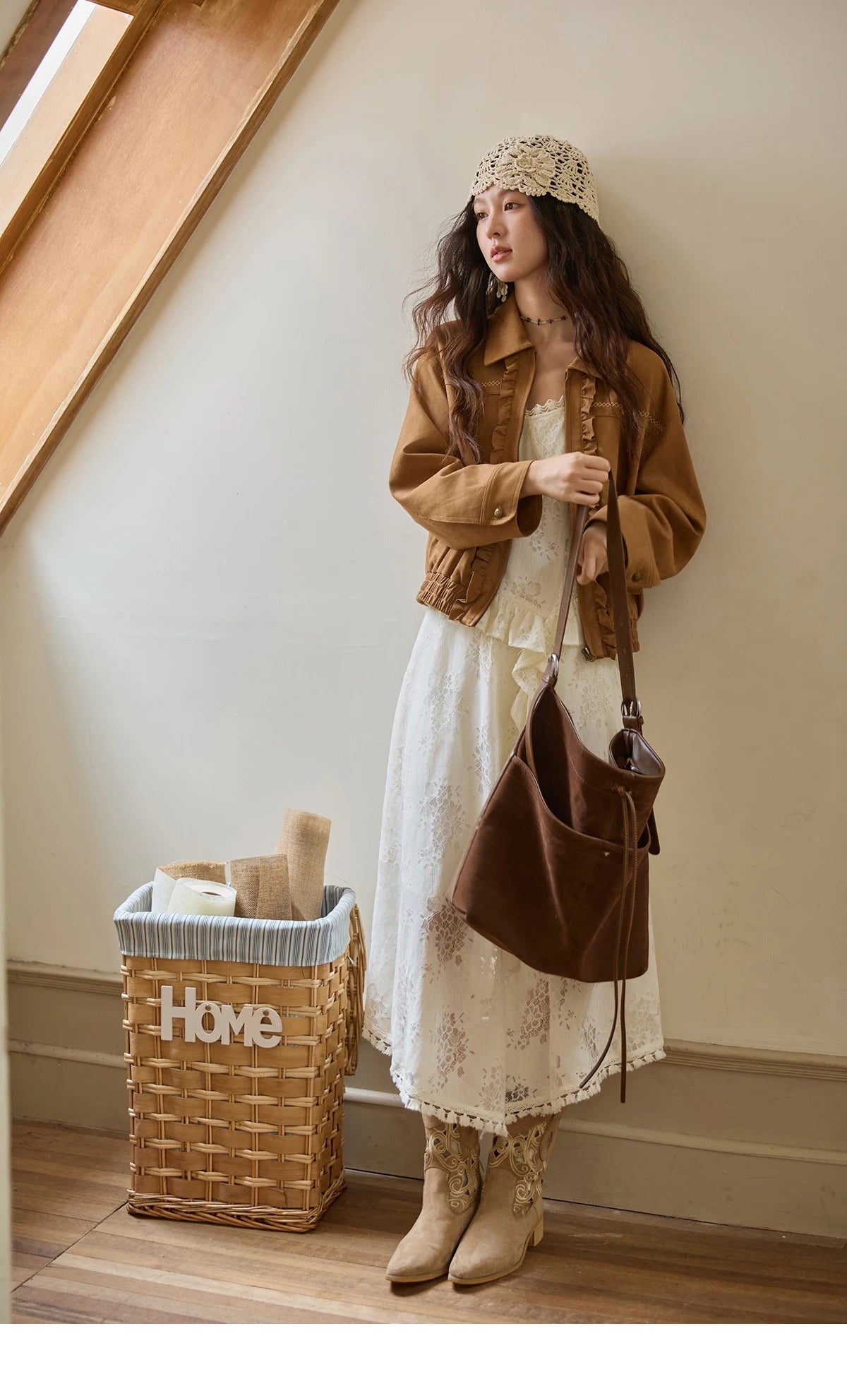 MISHOW Brown Suede Short Coat Fungus Edge Pleating Lapel Zipper MXE43W0803