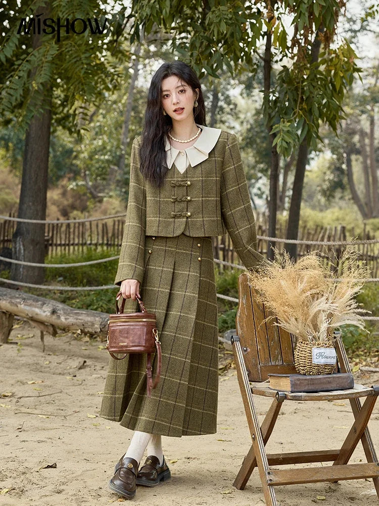 Mishow Retro Plaid Doll Collar Tweed Jacket & Pleated Skirt Set MXD48W0469