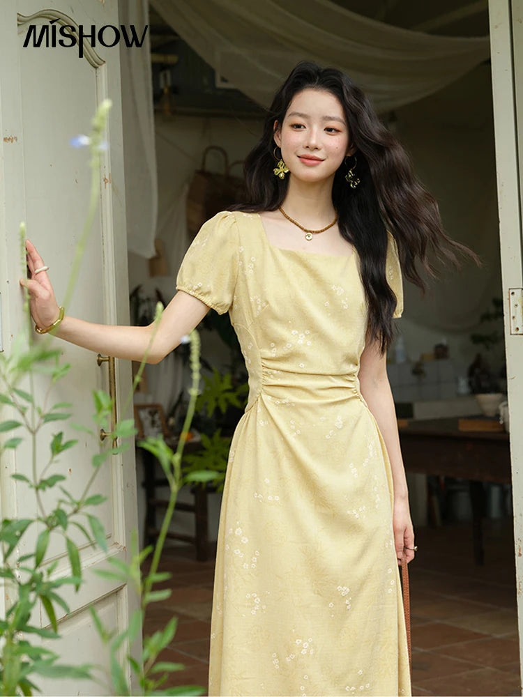Mishow Square Neck Puff Sleeve Bamboo Jacquard Dress MXE39L2415