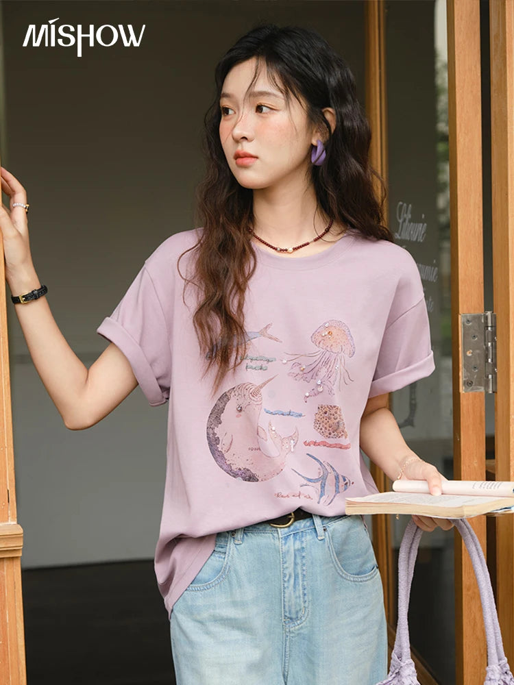 Mishow Cartoon Print Loose Cotton Tee MXE36T0575