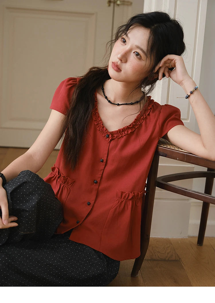 MISHOW Mushroom Edge V-Neck Blouse Button Short Sleeve MXE38X1867
